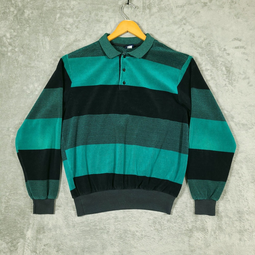 Vintage Par Four Terry Cloth Polo Shirt Mens Large Green Striped Towel USA Made